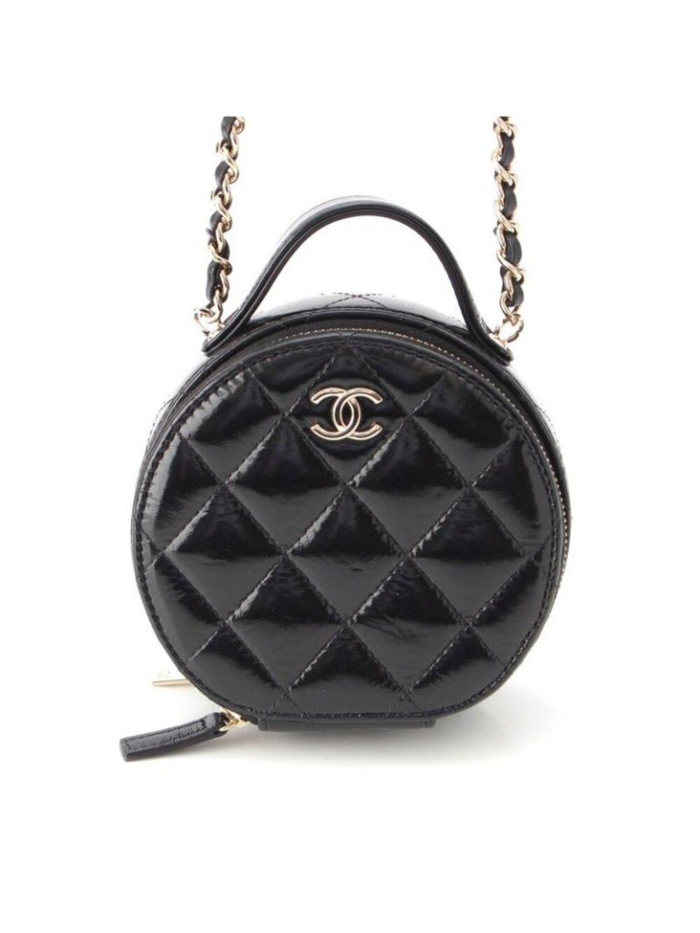 Chanel Shiny Lambskin Round Chain CC Logo Vanity Shoulder Bag Black